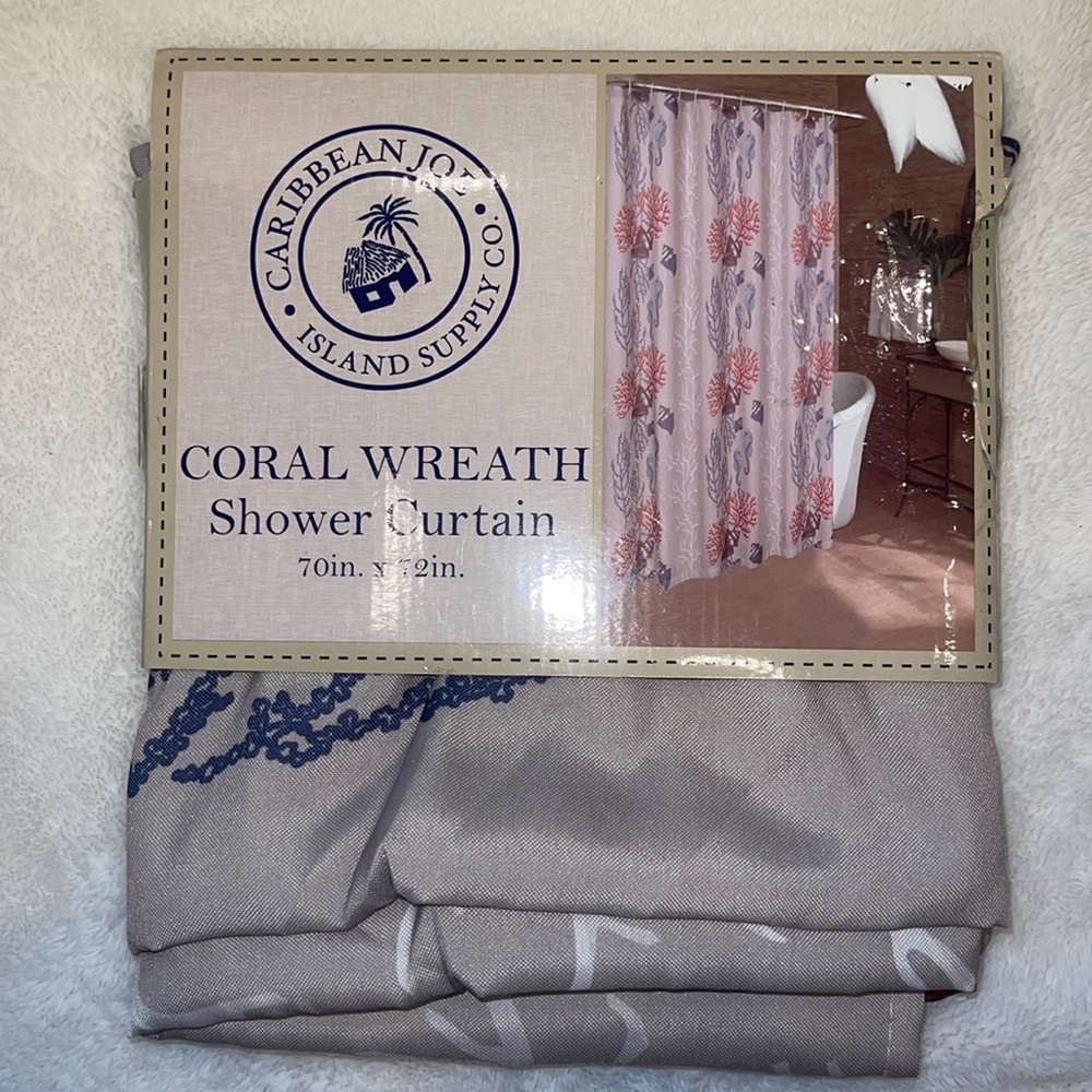 Caribbean Joe Coral Wreath Shower Curtain Shells Coral Seahorse 70in x 72in NWT